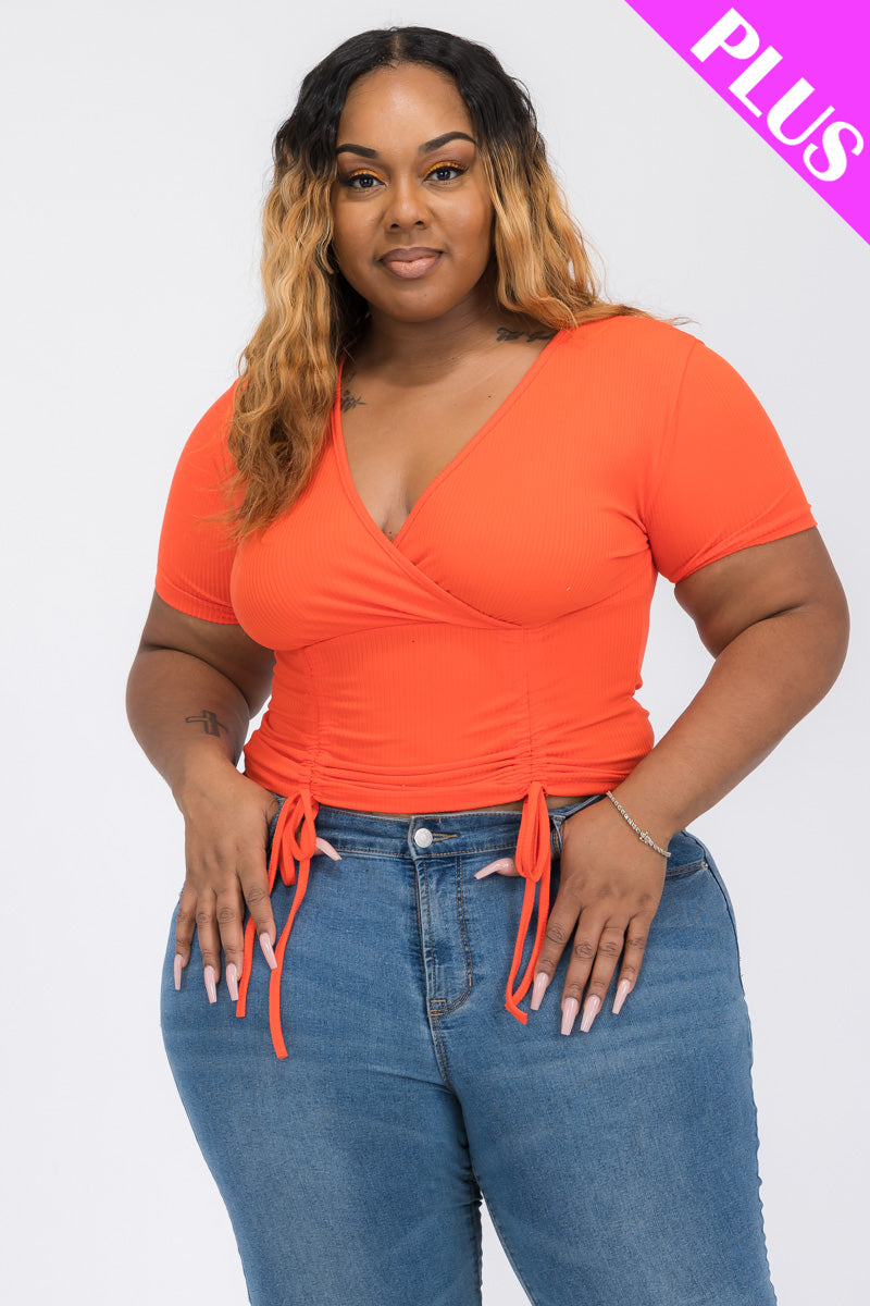 Plus Size Ribbed Ruched Drawstring Surplice Top (CAPELLA)