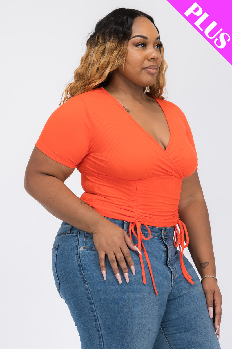 Plus Size Ribbed Ruched Drawstring Surplice Top (CAPELLA)