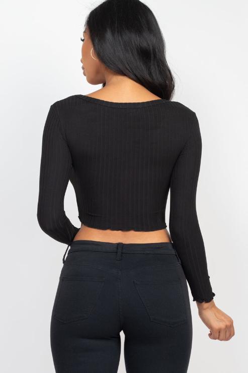 Ribbed Button Front Split Long Sleeve Top (CAPELLA)