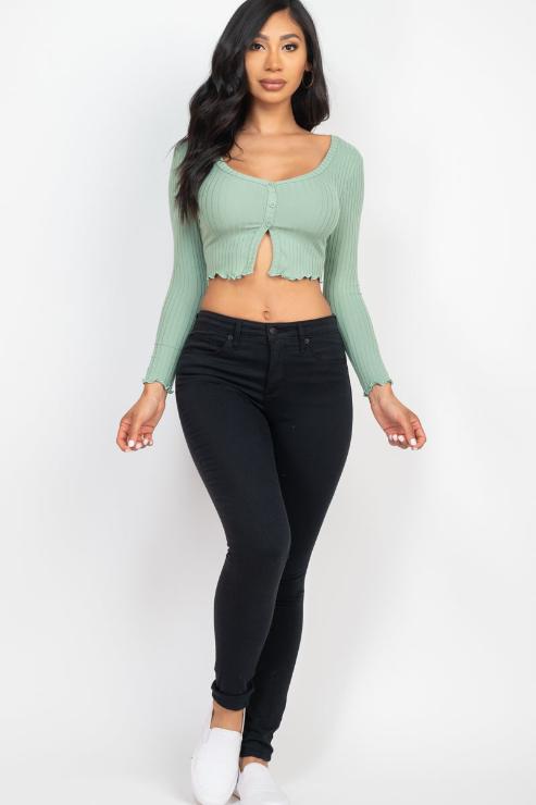 Ribbed Button Front Split Long Sleeve Top (CAPELLA)