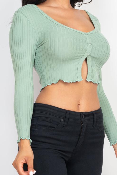 Ribbed Button Front Split Long Sleeve Top (CAPELLA)