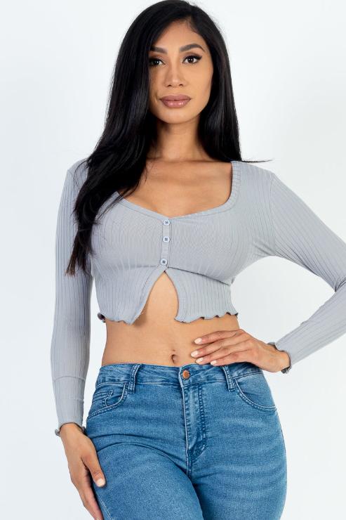 Ribbed Button Front Split Long Sleeve Top (CAPELLA)