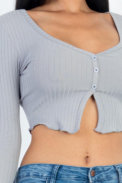Ribbed Button Front Split Long Sleeve Top (CAPELLA)
