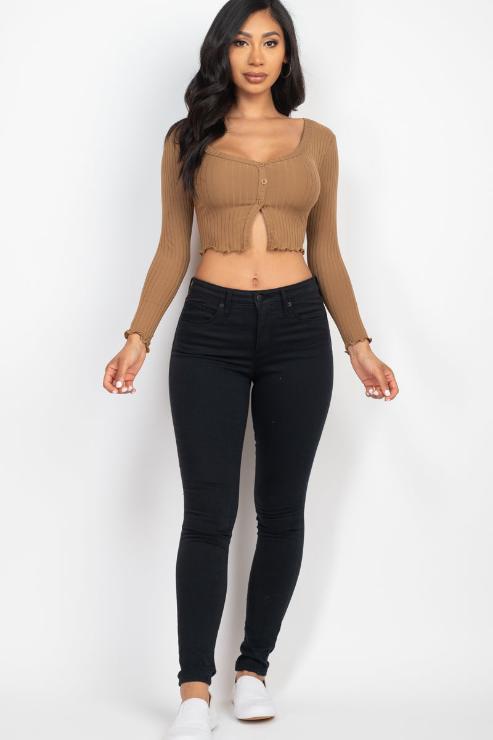 Ribbed Button Front Split Long Sleeve Top (CAPELLA)