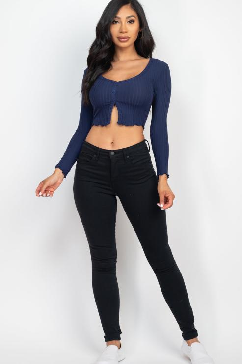 Ribbed Button Front Split Long Sleeve Top (CAPELLA)
