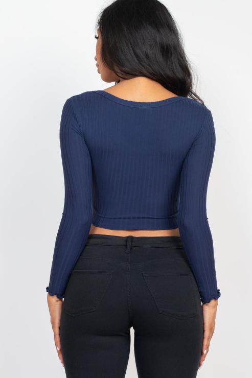 Ribbed Button Front Split Long Sleeve Top (CAPELLA)