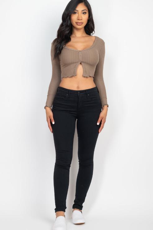 Ribbed Button Front Split Long Sleeve Top (CAPELLA)