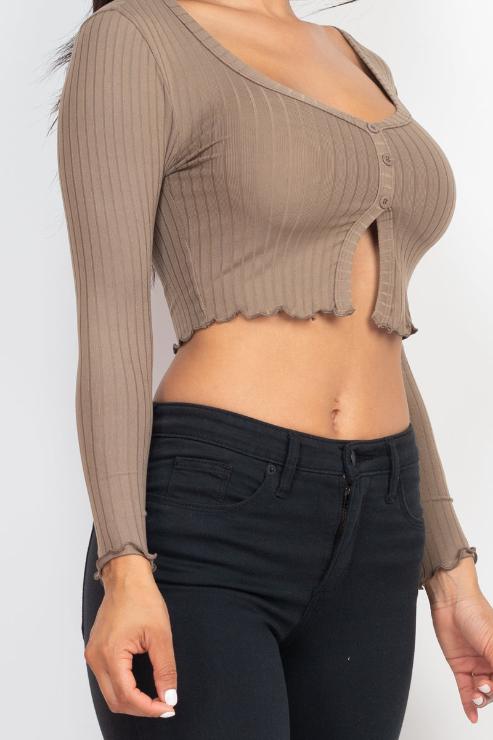 Ribbed Button Front Split Long Sleeve Top (CAPELLA)