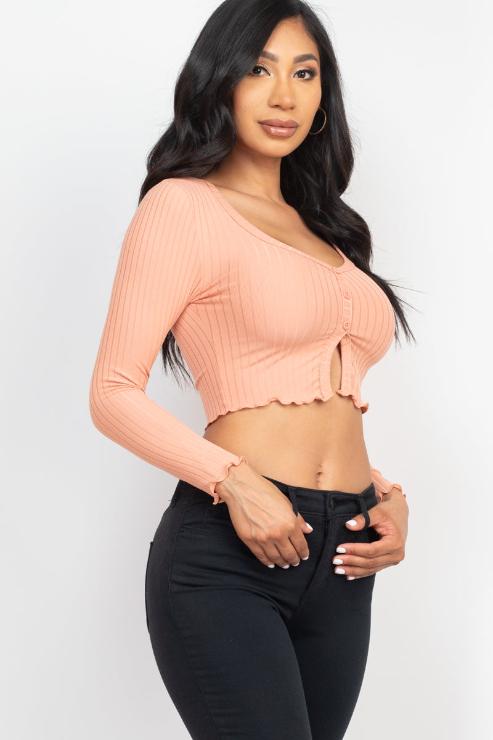 Ribbed Button Front Split Long Sleeve Top (CAPELLA)