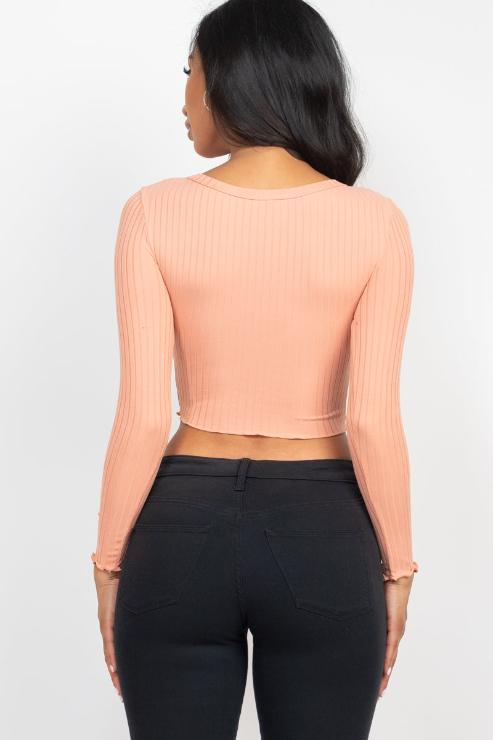 Ribbed Button Front Split Long Sleeve Top (CAPELLA)