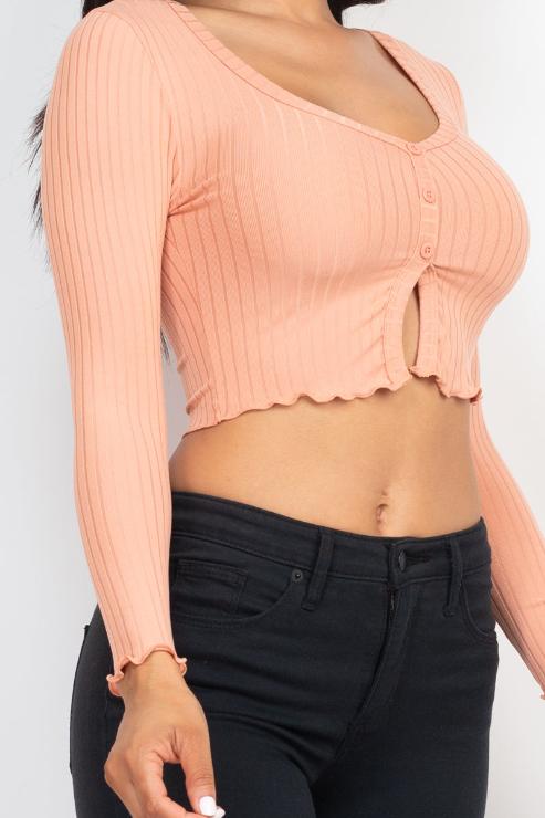 Ribbed Button Front Split Long Sleeve Top (CAPELLA)