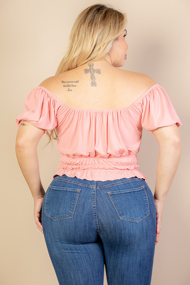 Plus Size Casual Ruched Puff Sleeve Ribbed Knit Solid Top (CAPELLA)