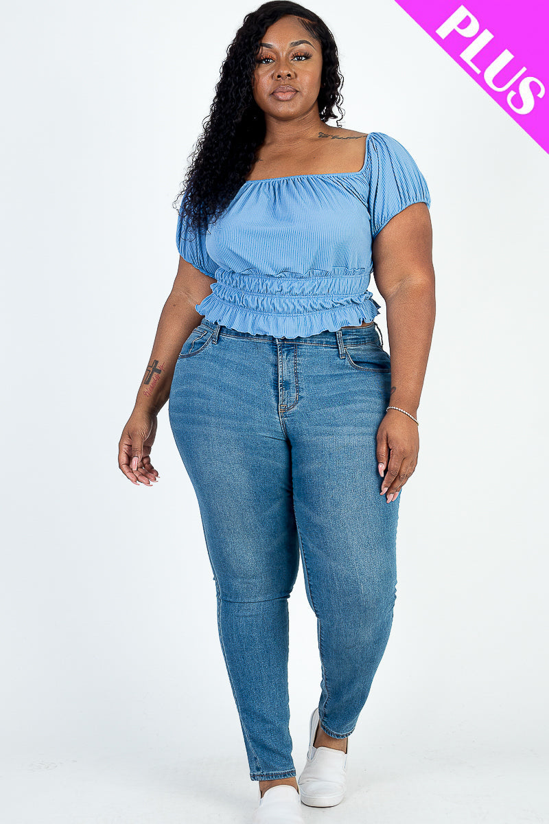 Plus Size Casual Ruched Puff Sleeve Ribbed Knit Solid Top (CAPELLA)