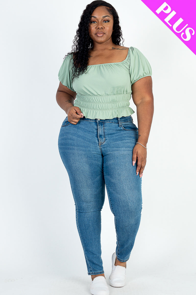 Plus Size Casual Ruched Puff Sleeve Ribbed Knit Solid Top (CAPELLA)