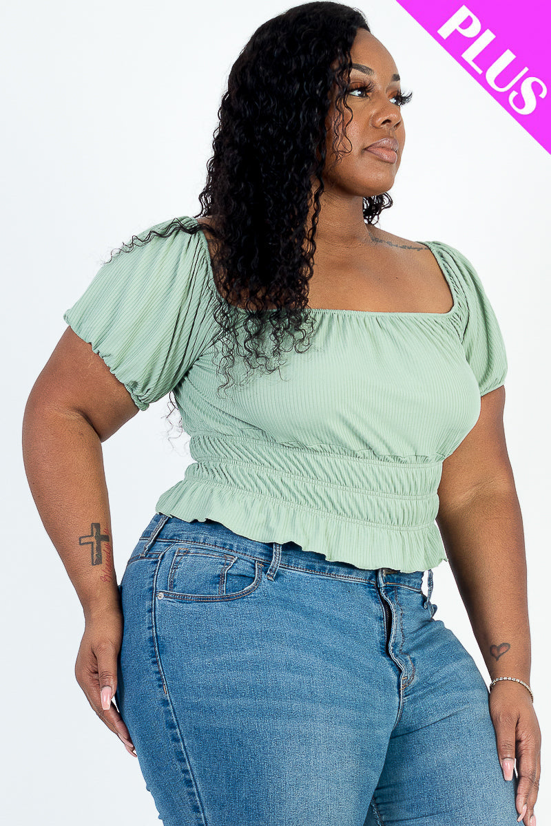 Plus Size Casual Ruched Puff Sleeve Ribbed Knit Solid Top (CAPELLA)