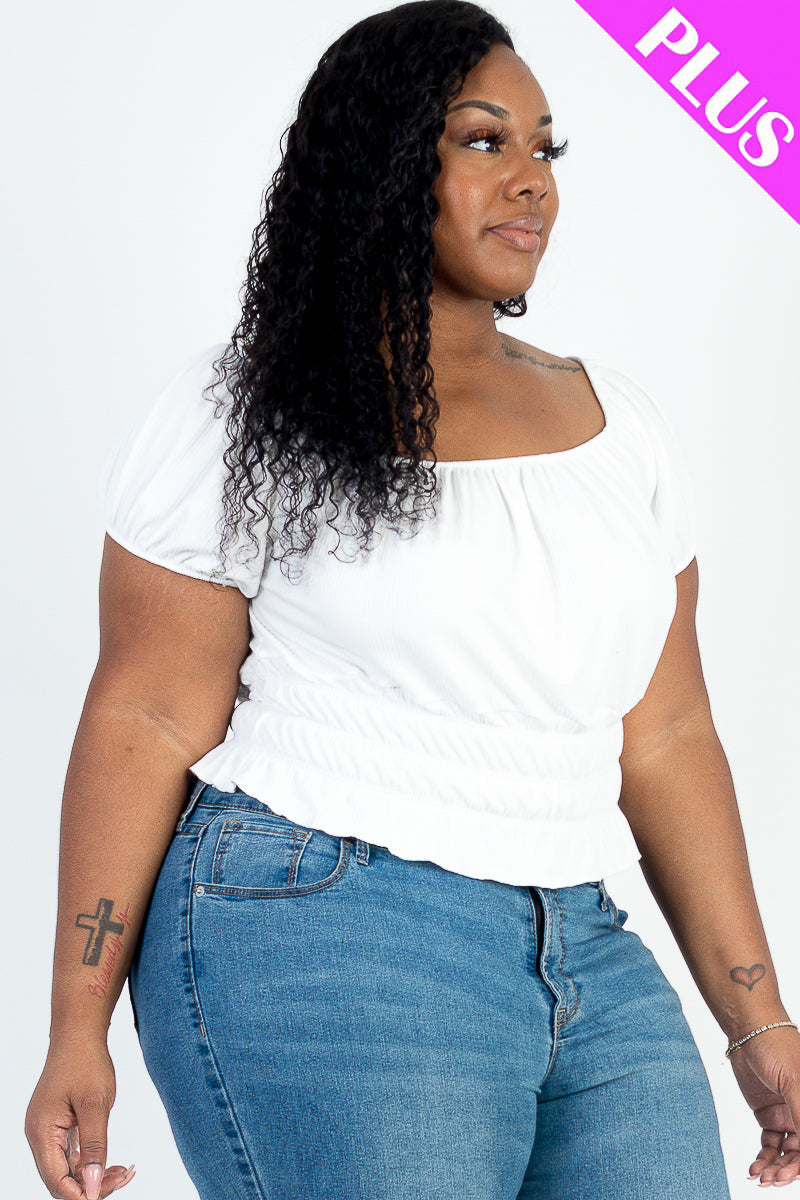 Plus Size Casual Ruched Puff Sleeve Ribbed Knit Solid Top (CAPELLA)