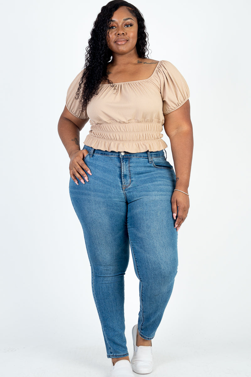 Plus Size Casual Ruched Puff Sleeve Ribbed Knit Solid Top (CAPELLA)