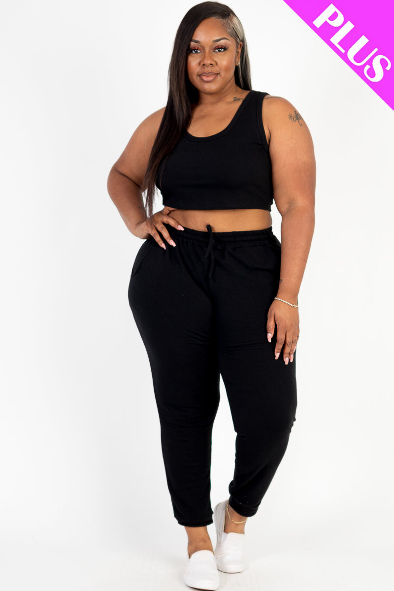 Plus Size French Terry Cropped Tank Top & Joggers Set (CAPELLA)