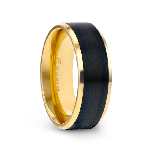 BEAUMONT Gold-Plated Titanium Beveled Ring with Brushed Black Center – 8mm