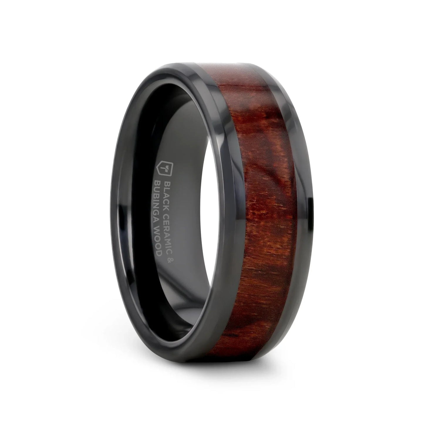 BENNY Black Ceramic Polished Beveled Edges Men’s Wedding Band with Bubinga Wood Inlay - 8mm