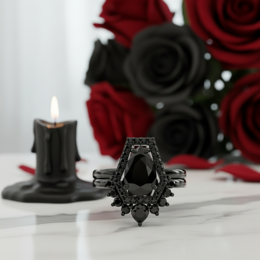 Faithfulness-1ct Black Pear Cut Diamond 14k White Gold Coffin Ring Set