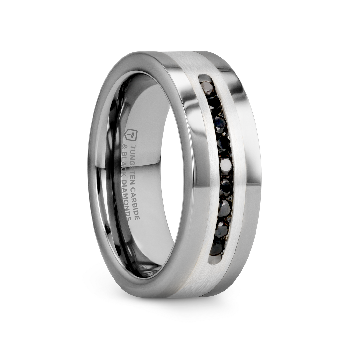 BLACKSTONE Flat Tungsten Wedding Band with Brushed Silver Inlay Center and 9 Channel Set Black Diamonds - 8mm