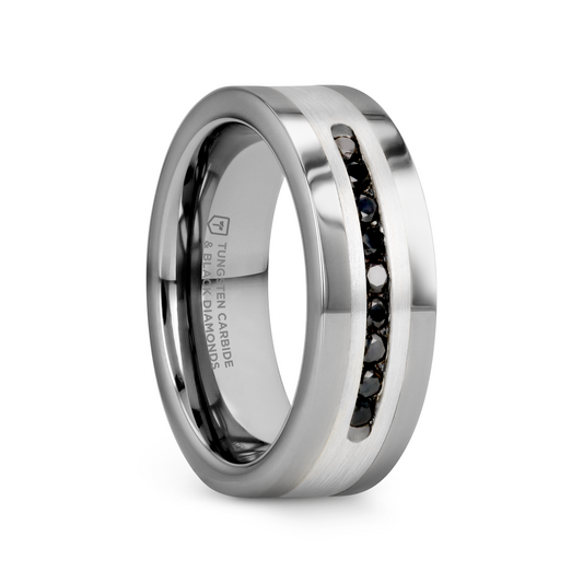 BLACKSTONE Flat Tungsten Wedding Band with Brushed Silver Inlay Center and 9 Channel Set Black Diamonds - 8mm
