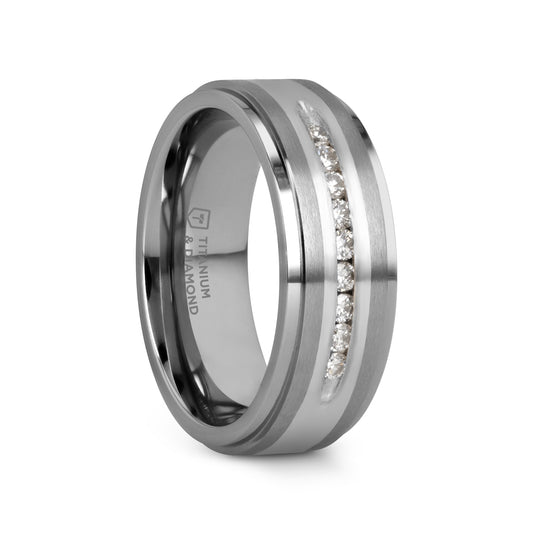BOND Flat Brushed Silver Inlaid Titanium Men's Wedding Band With 9 Channel Set White Diamonds - 8mm