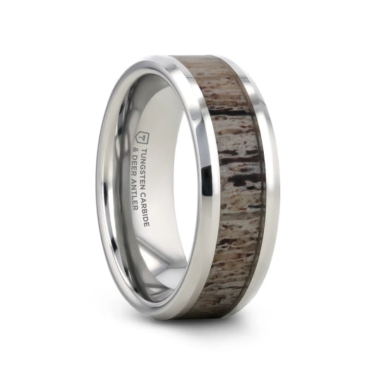 BUCK Polished Beveled Tungsten Carbide Men's Wedding Band with Ombre Deer Antler Inlay - 6mm & 8mm