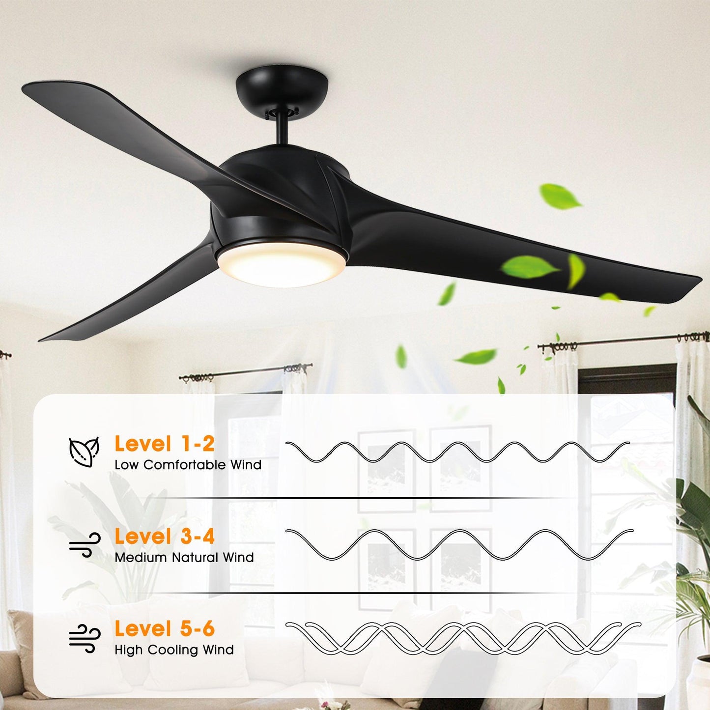 60" Wall Control 3 Blades Black Ceiling Fan with LED Lighting
