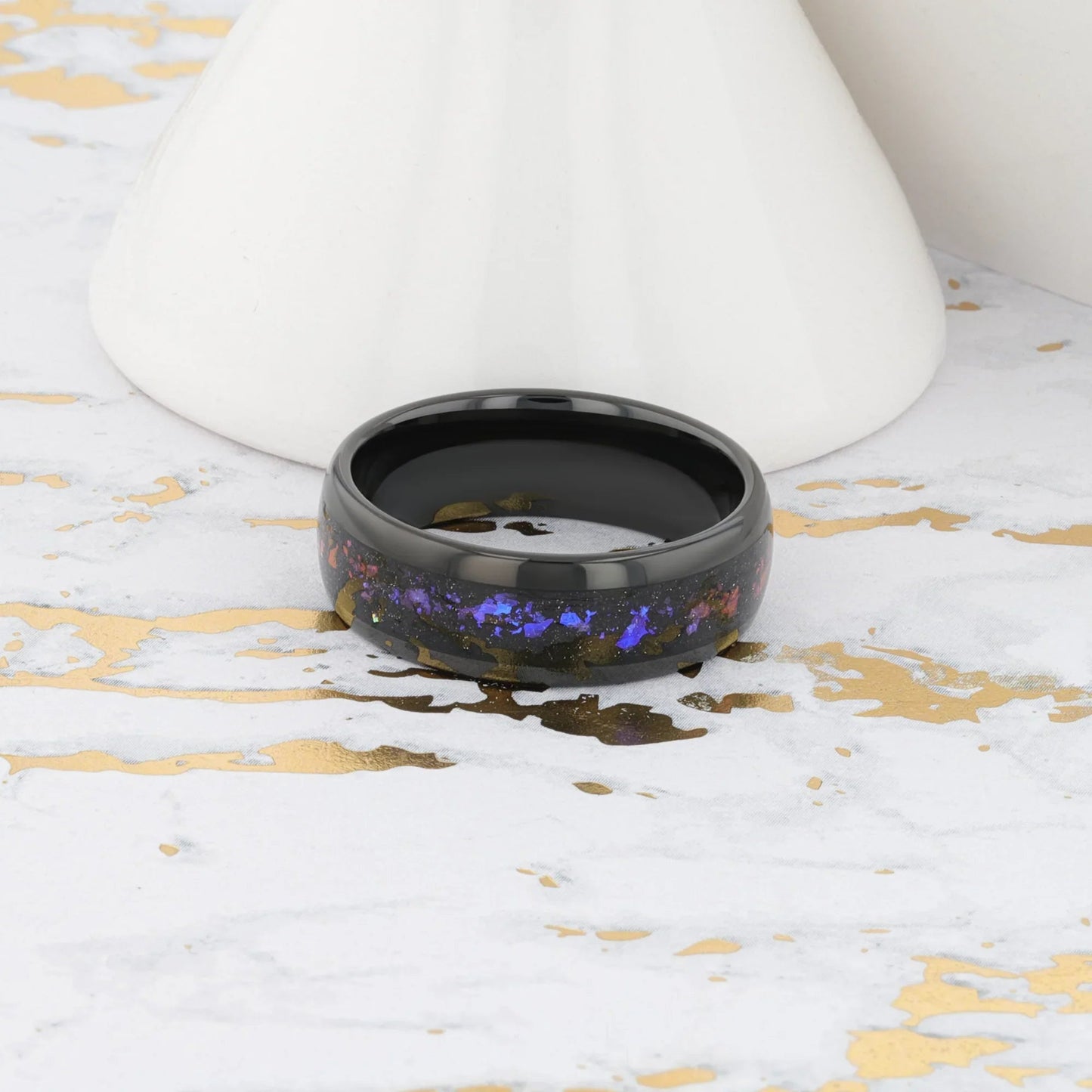 COSMIC Black Tungsten Ring with Crushed Alexandrite and Dark Blue & Purple Crushed Goldstone – 4mm to 8mm