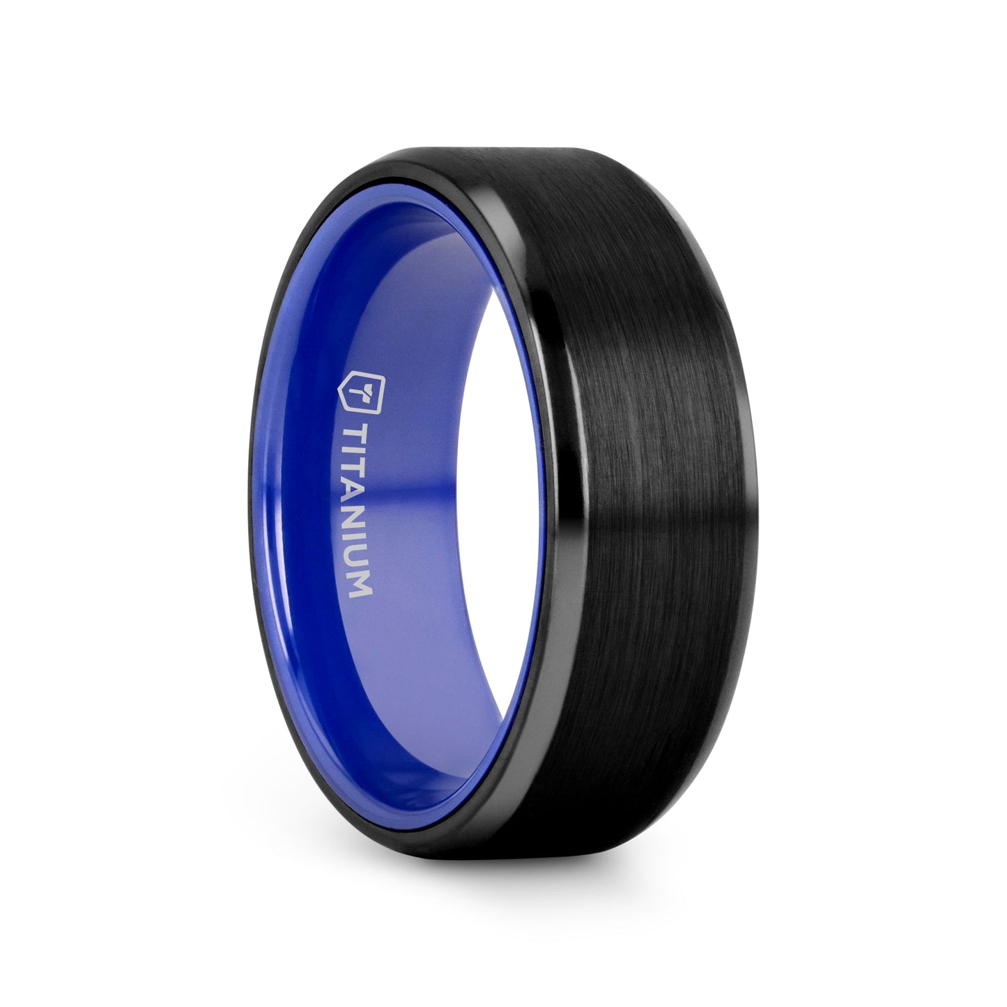 CASTOR Beveled Edges Black Titanium Ring with Brushed Center and Vibrant Blue Inside - 8mm