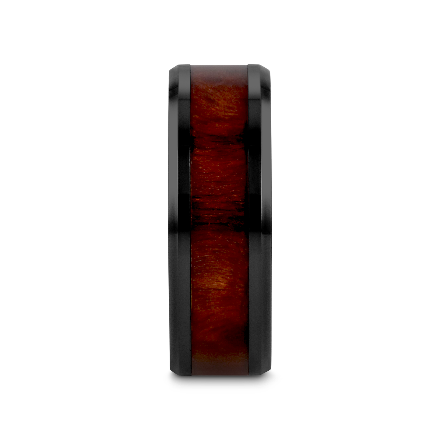 CERISE Redwood Inlaid Black Ceramic Ring with Beveled Edges - 8mm
