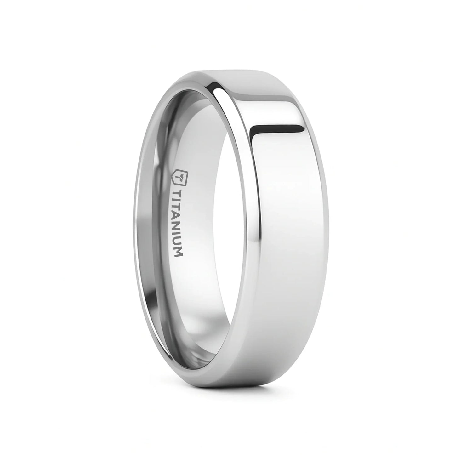 CORONAL Men’s Polished Finish Beveled Edges Titanium Wedding Ring with Raised Center - 6mm & 8mm