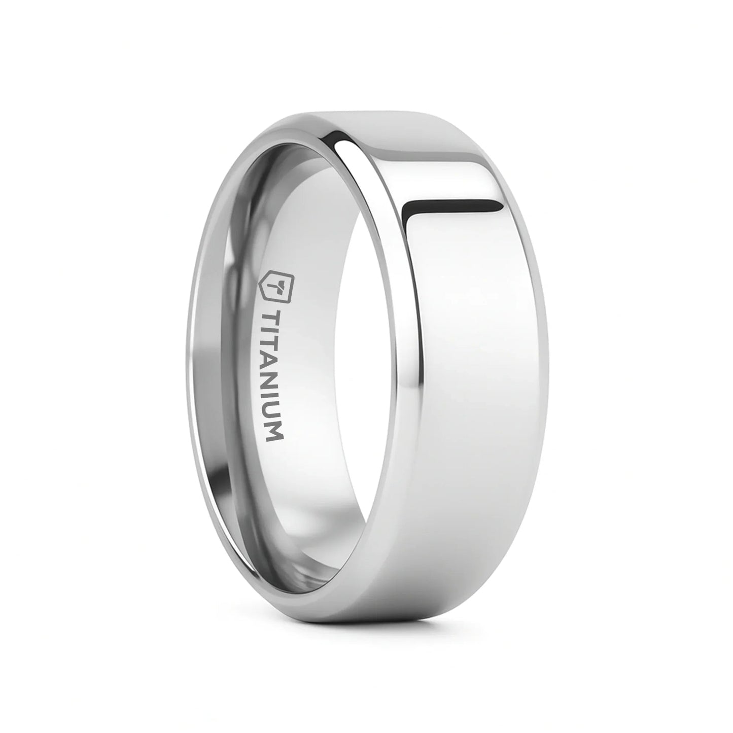 CORONAL Men’s Polished Finish Beveled Edges Titanium Wedding Ring with Raised Center - 6mm & 8mm