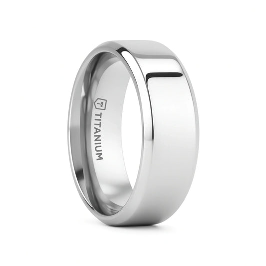 CORONAL Men’s Polished Finish Beveled Edges Titanium Wedding Ring with Raised Center - 6mm & 8mm