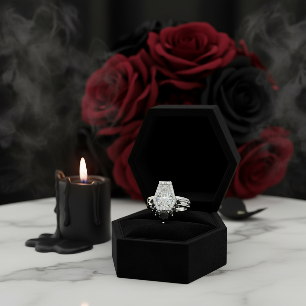 Faithfulness-1ct Black Pear Cut Diamond 14k White Gold Coffin Ring Set