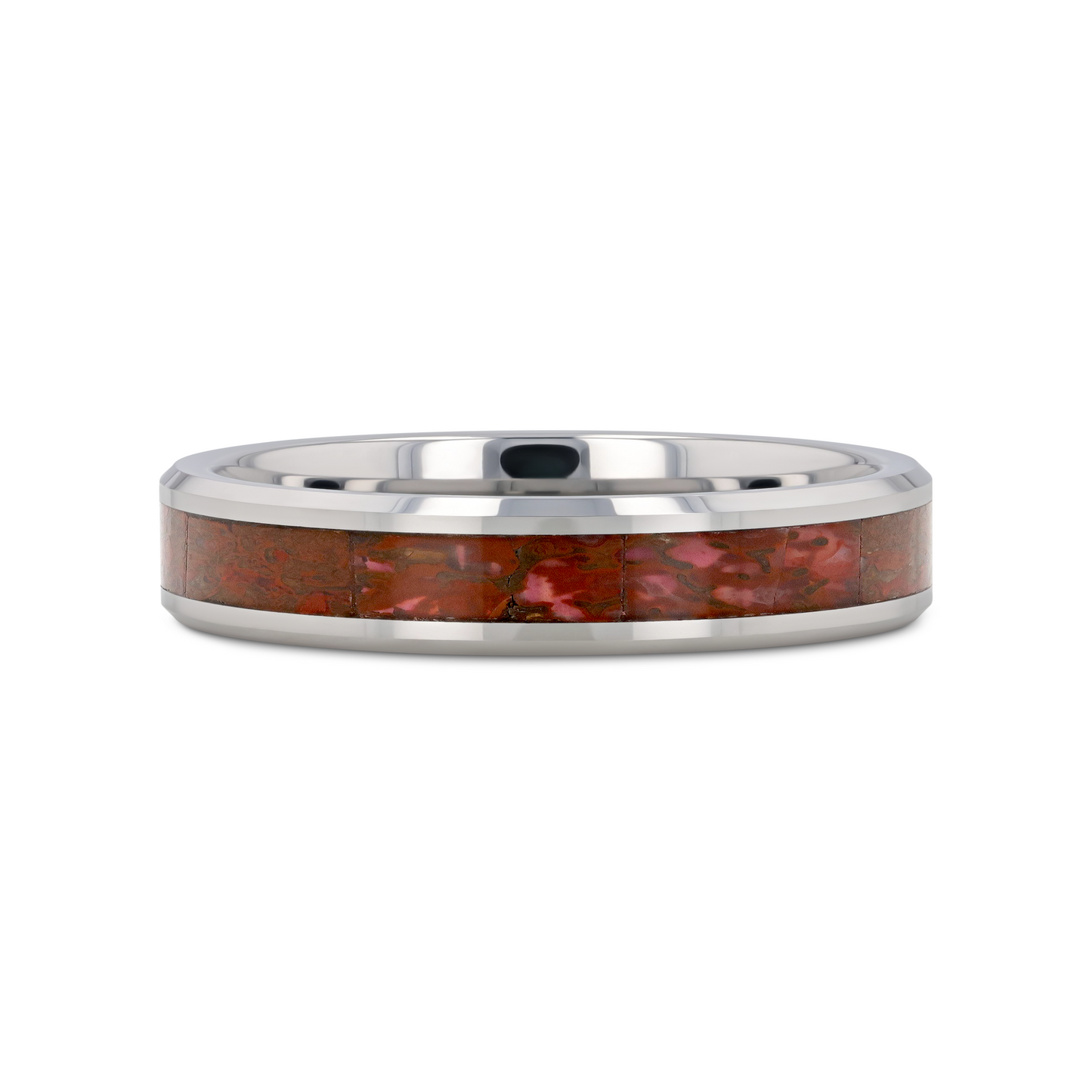 JURASSIC Red Dinosaur Bone Inlaid Tungsten Carbide Beveled Edged Ring - 4mm & 8mm