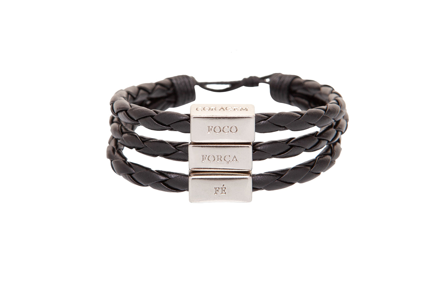 Men's Bracelet Black Leather Silver Adjustable with words of Focus, Strength, Faith, & Courage in Portuguese - CLEARANCE / FINAL SALES