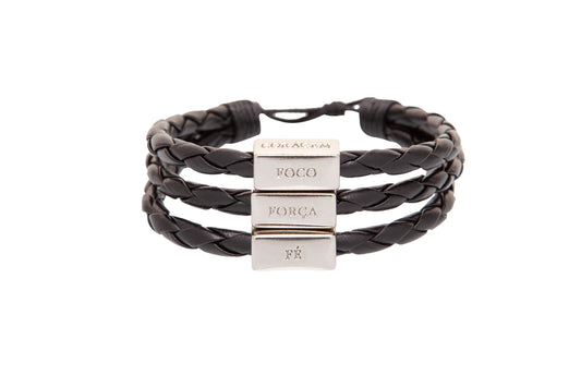 Men's Bracelet Black Leather Silver Adjustable with words of Focus, Strength, Faith, & Courage in Portuguese - CLEARANCE / FINAL SALES