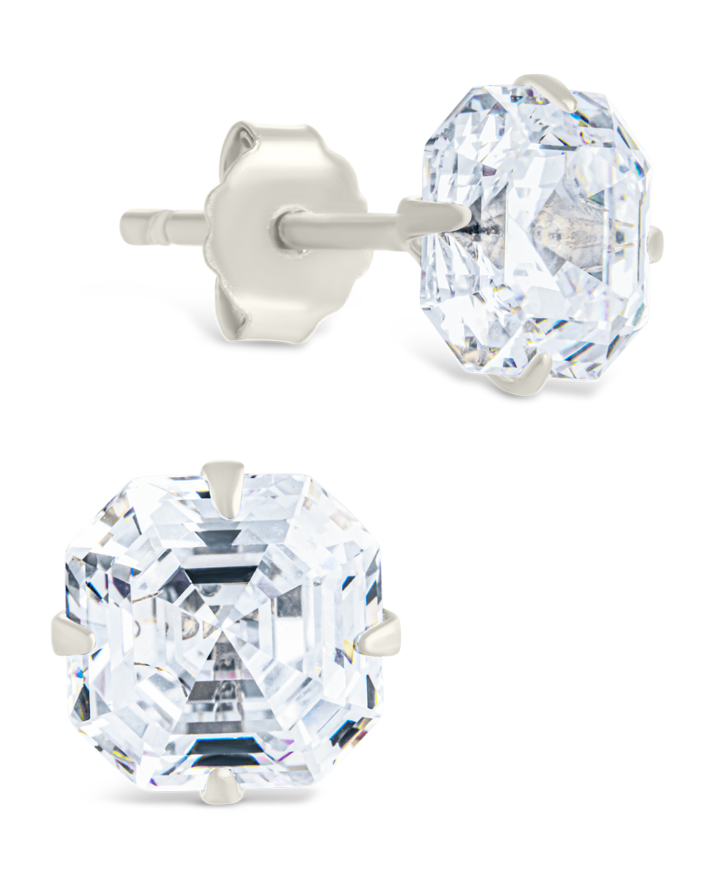 Sterling Silver Asscher Cut Prong Set Stud Earrings