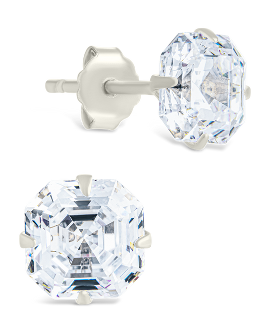 Sterling Silver Asscher Cut Prong Set Stud Earrings