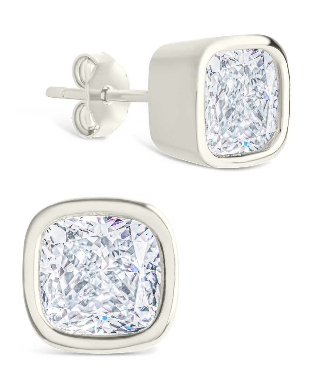 Sterling Silver Cushion Cut Bezel Set Stud Earrings