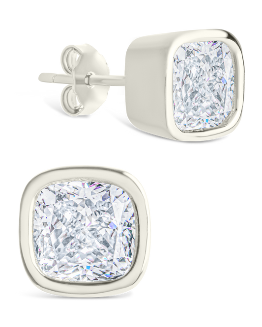 Sterling Silver Cushion Cut Bezel Set Stud Earrings