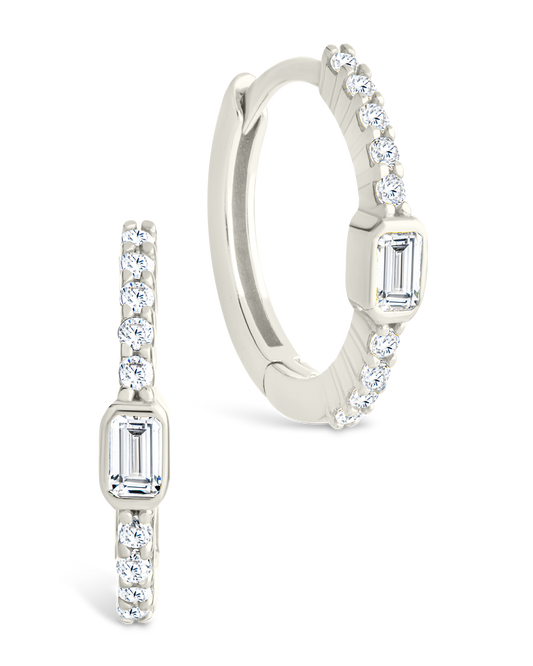 Sterling Silver Emerald Cut Bezel Set Huggie Hoop Earrings
