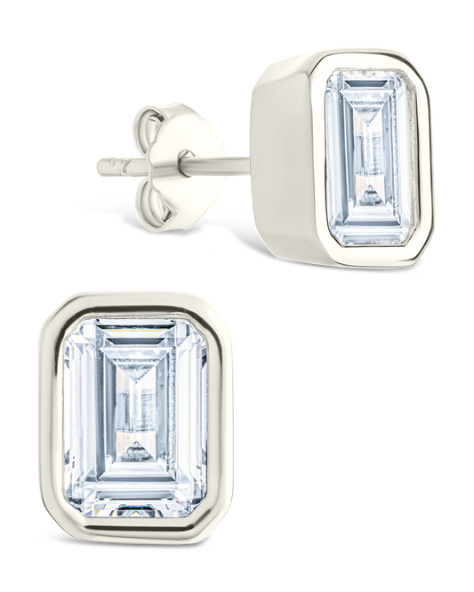 Sterling Silver Emerald Cut Bezel Set Stud Earrings