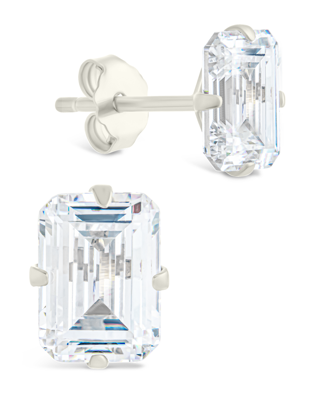 Sterling Silver Emerald Cut Prong Set Stud Earrings