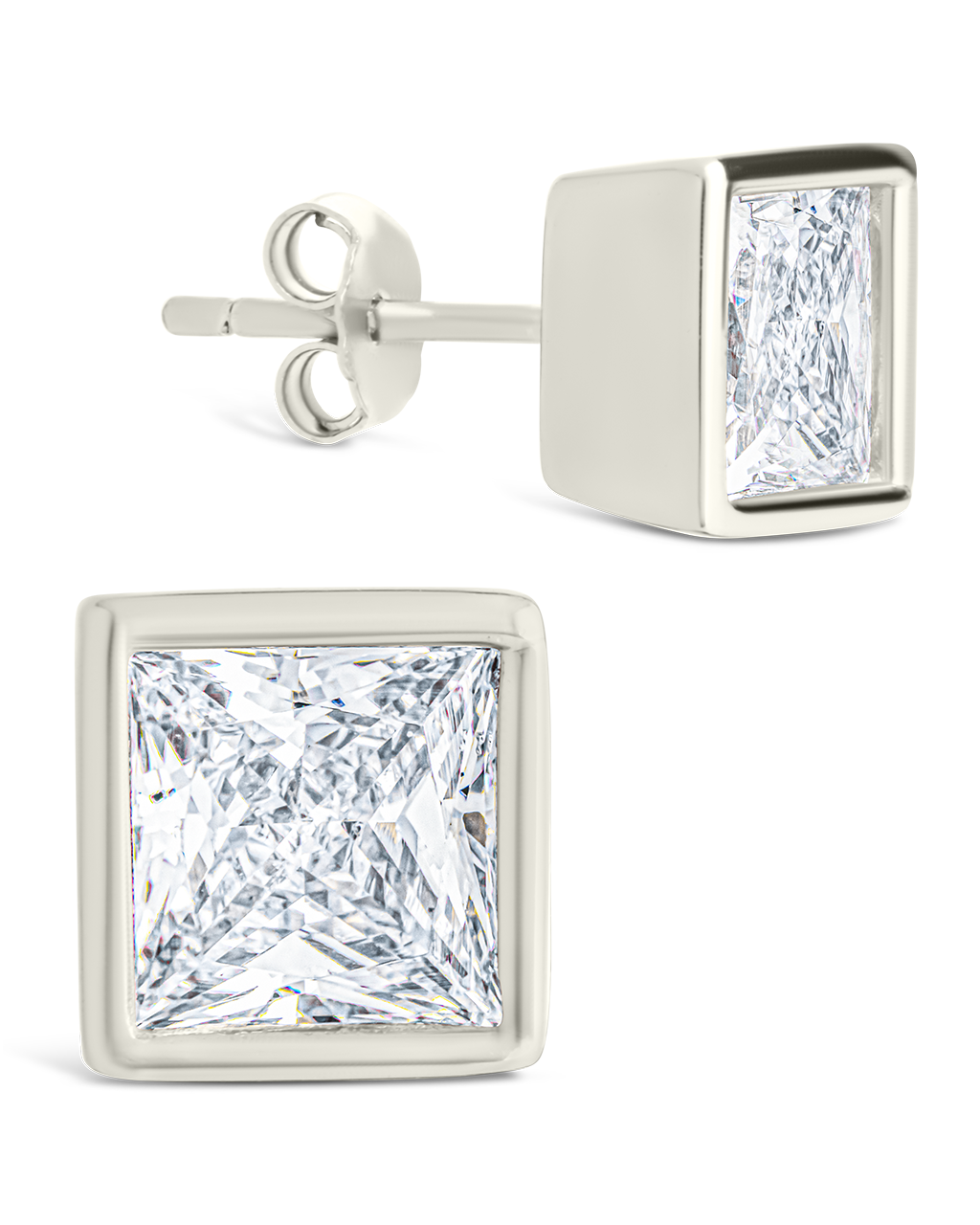 Sterling Silver Princess Cut Bezel Set Stud Earrings