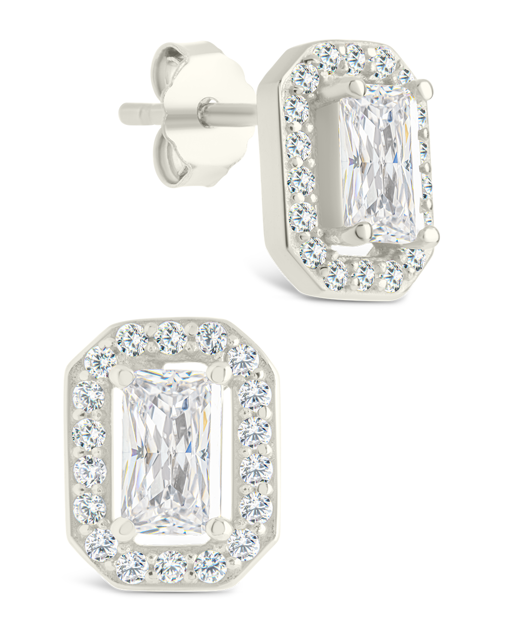 Sterling Silver Emerald Cut Brilliant Halo Studs