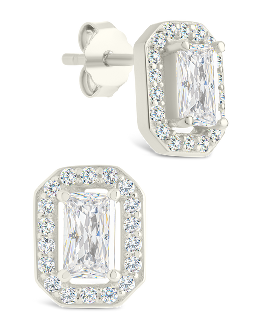 Sterling Silver Emerald Cut Brilliant Halo Studs